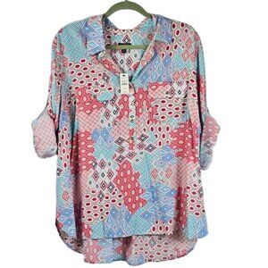 Talbots Geometric Button Up Blouse 2XP Multicolor Patchwork Roll Tab Sleeves NWT